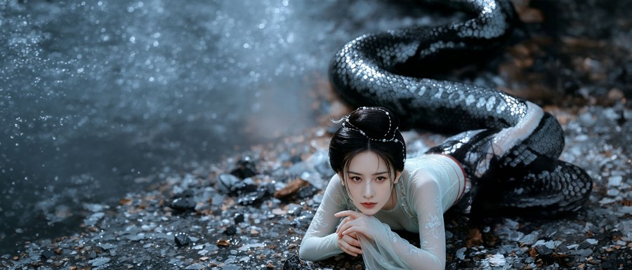 古风蛇女幽静溪边