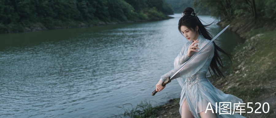 江畔古风持剑侠女
